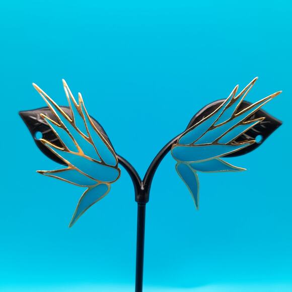 Vintage L Bott Modernist Burst Earrings, Turquoise Enamel, Gold Tone, 80s - Picture 3 of 10